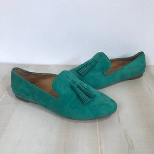 J. Crew Faux Suede Tassel Loafer Shoes Womens Size 8 Emerald Green Flats